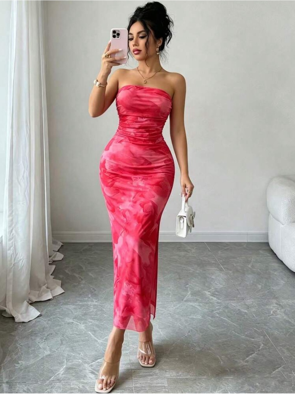 SHEIN Coral Pink Strapless Marble-Print Maxi Dress